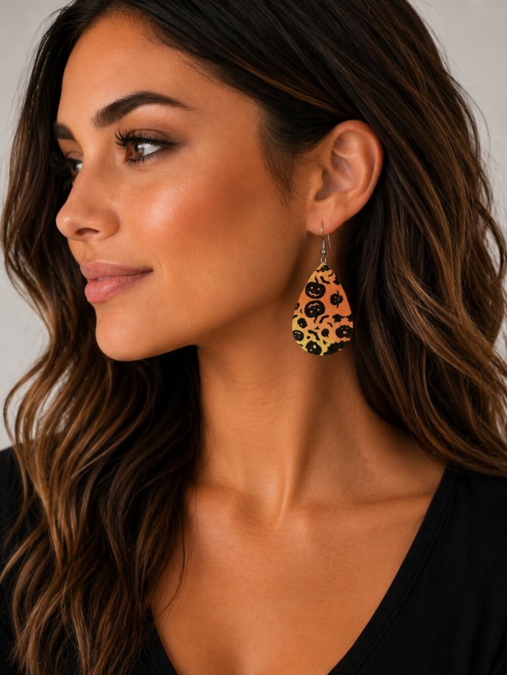 Spooky Golden Hour Halloween Faux Leather Teardrop Earrings